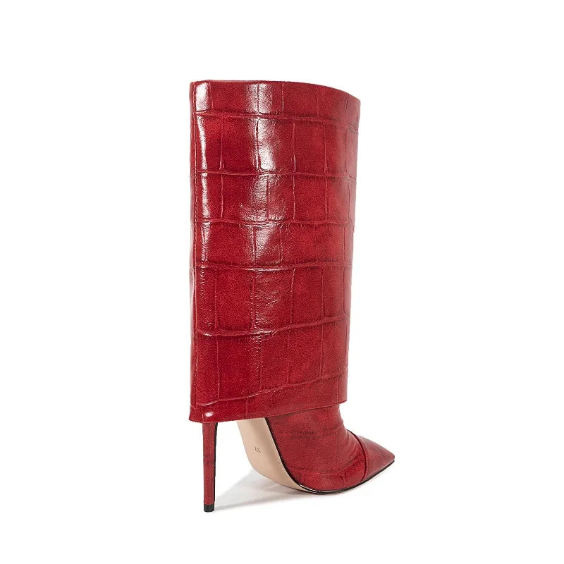 European and American Style High-heeled Wide Tube Sleeve Skirt Boots for Women, Niche Stone Patterned Fashion Banquet Shoes