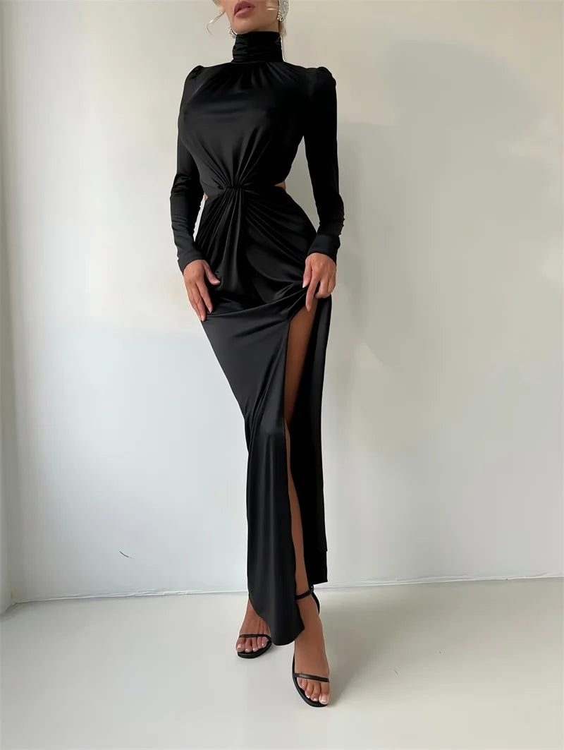Mozision Turtleneck Backless Sexy Maxi Dress Women Gown Autumn Winter Elegant Long Sleeve Thigh High Split Club Party Long Dress