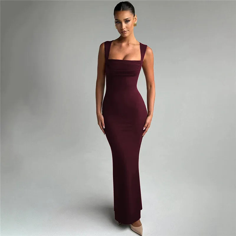 Mozision Square Collar Sleeveless Sexy Maxi Dress For Woman Fashion Spring Summer New High Waist Bodycon Club Party Long Dress
