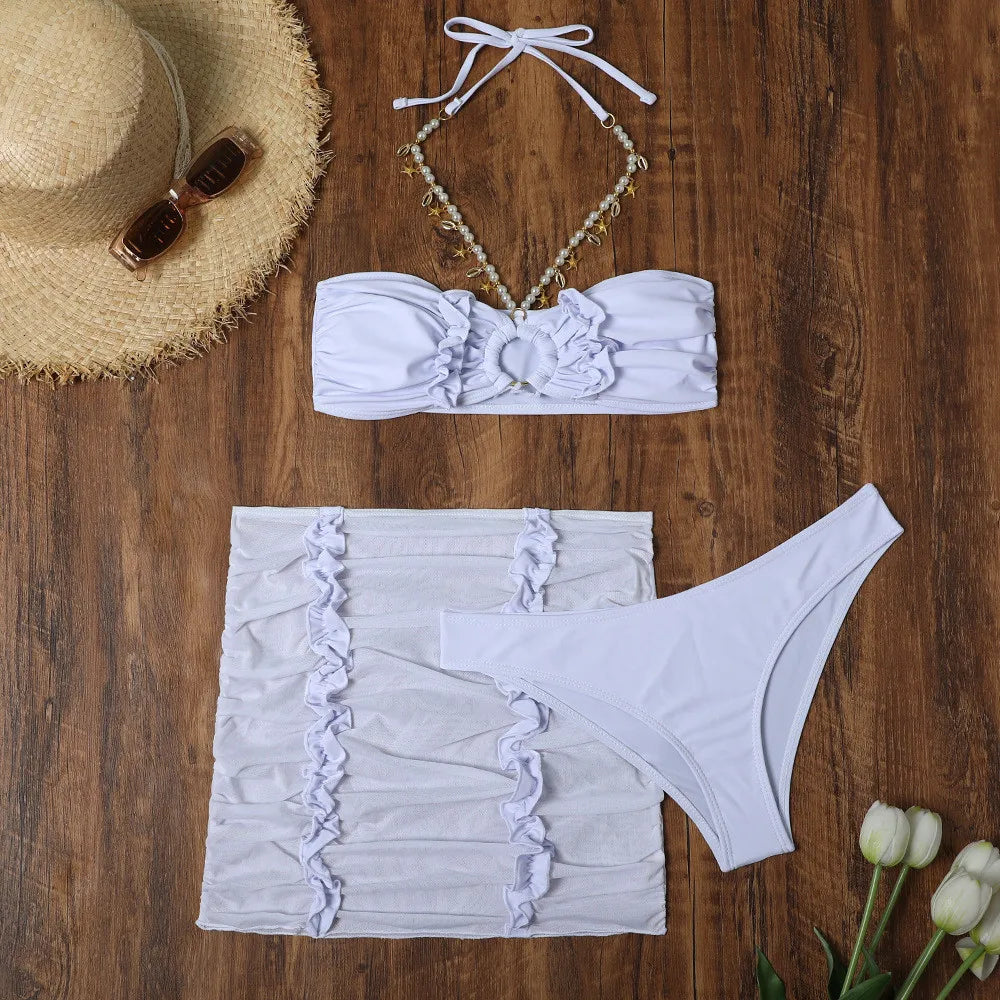 Black Pleats Edge Bandeau 3 Piece Bikini Set Damen Pearl Chain Halter Swimwear Skirts Cover Up Sexy Swimsuit Women Beach Wear
