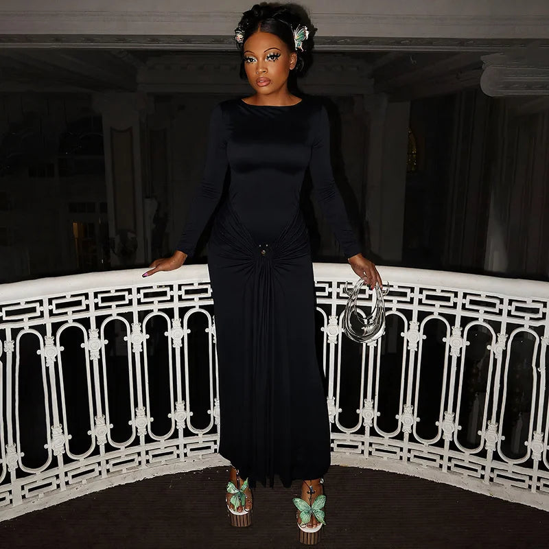 Mozision Elegant Long Sleeve Ruched Sexy Maxi Dress Women Gown Autumn Fashion Draped Bodycon Long Dresses Female Clothing