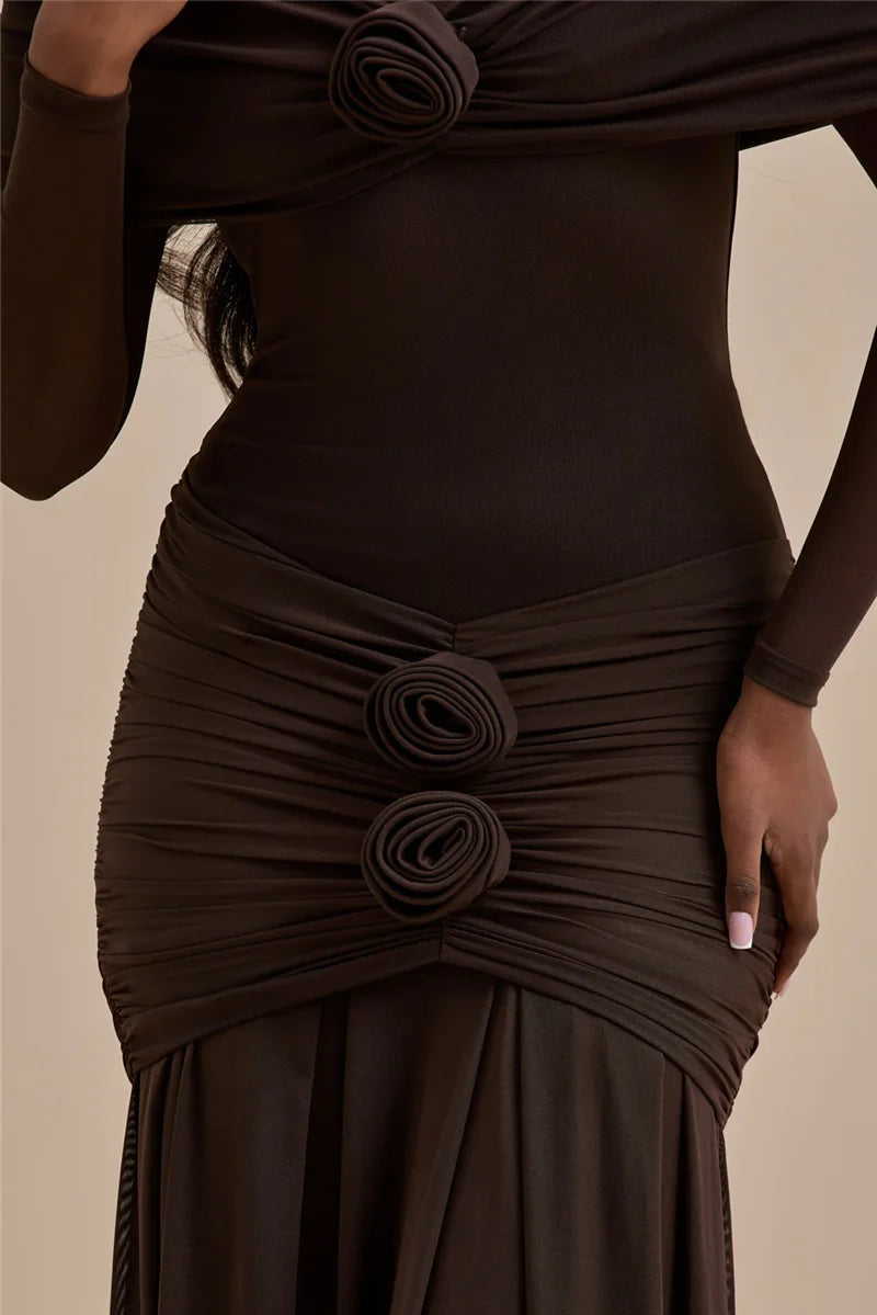 Mozision Off-shoulder Strapless Rose Sexy Maxi Dress For Women Fashion Long Sleeve Backless Ruched Bodycon Club Party Dress