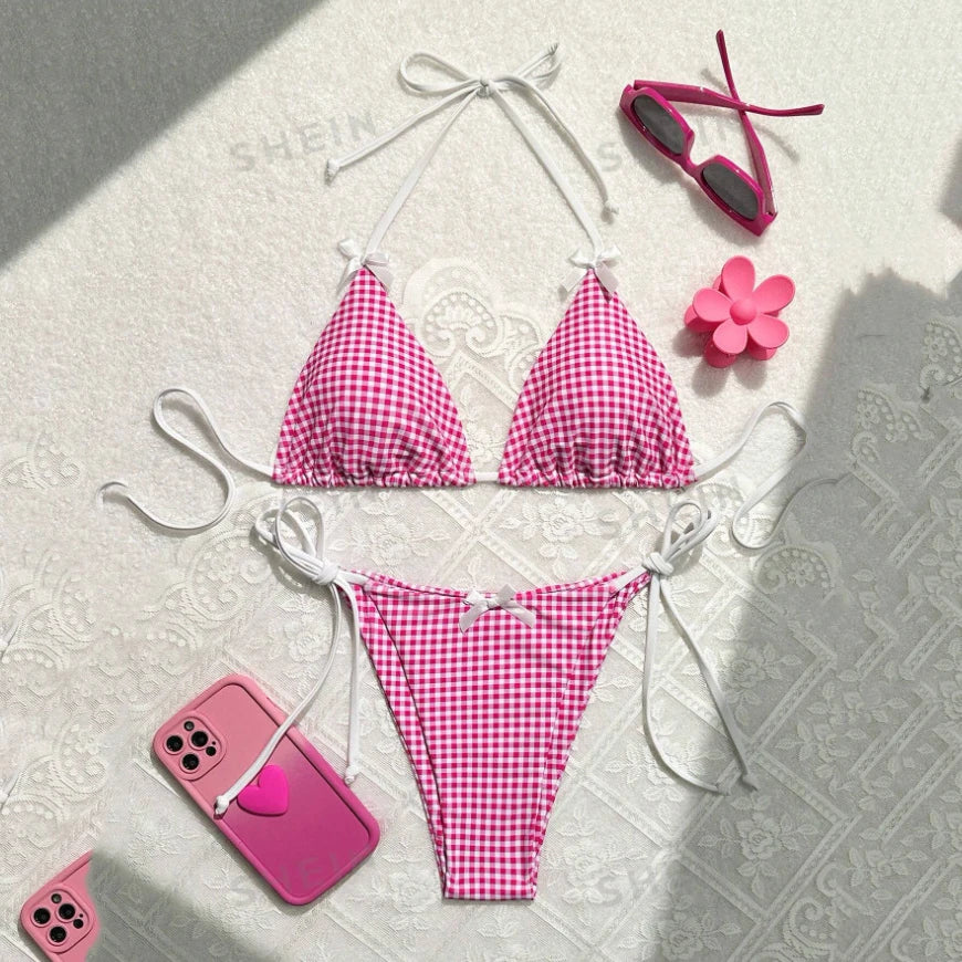 Red Plaid String Halter thong Micro Bikini for Women Mini Swimwear Lace-up Sexy Swimsuit Bathing Suit Triangle Bikinis Sets 2025