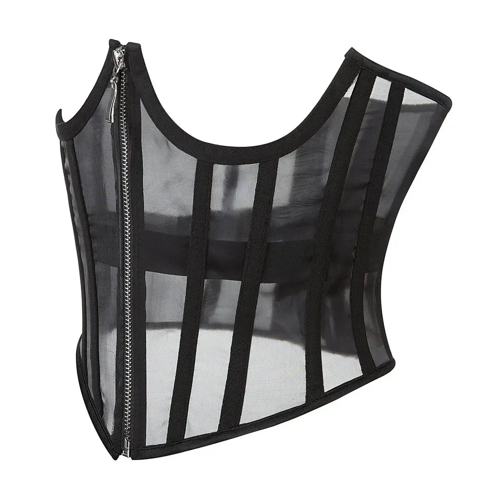 Ladies Transparent Mesh Corset Waist Training Bustier With Zipper Sexy Shaper Night Club Sweet Cropped Top