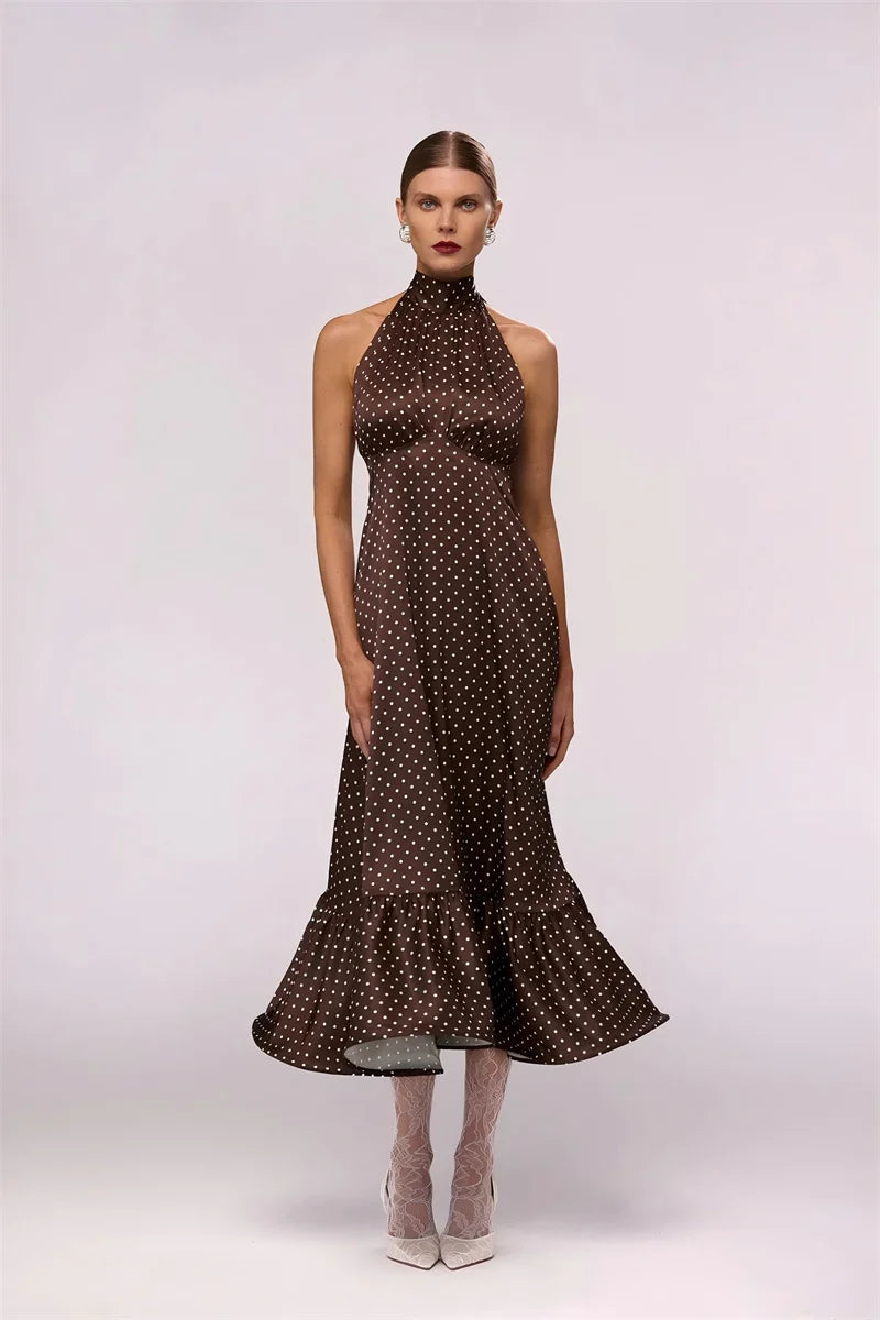 Mozision Polka Dot Ruched Ruffle Sexy Midi Dress Women Gown Fashion Halter Sleeveless Backless High Waist Club Long Dresses