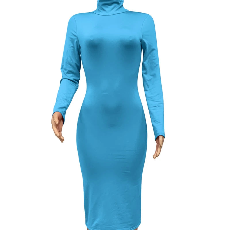 Winter Black Turtleneck Sexy Women Dress Autumn Long Sleeve Skinny Midi Boydcon Casual Blue Plush Knee-Length Party Club