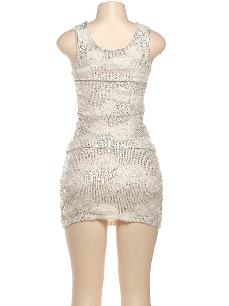 Mozision Sparkle Sexy Two Piece Set Women Elegant Square Collar Sleeveless Tank Top And Mini Skirt Matching Sets Club Dress Set