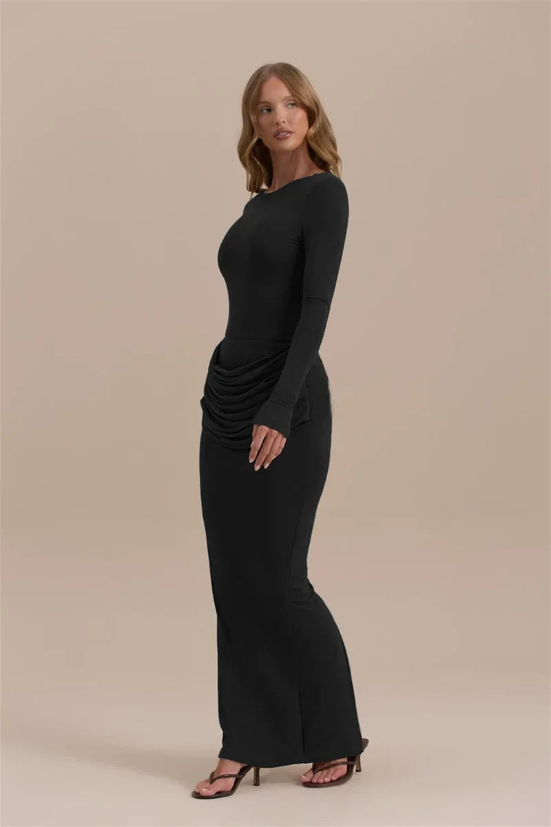 Long Sleeve Ruched Sexy Maxi Dress For Women Gown Autumn Winter New O Neck High Waist Bodycon Club Party Long Dresses