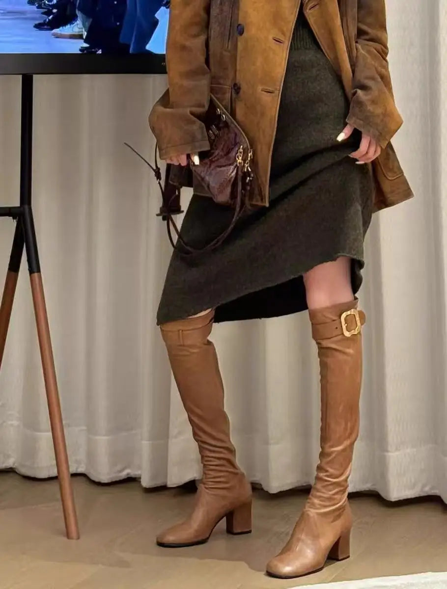 European and American Sexy Hot Girl Belt Buckle Thick High Heels Round Toe Back Zipper Knee Highboots Women's Retro Elasticshoes