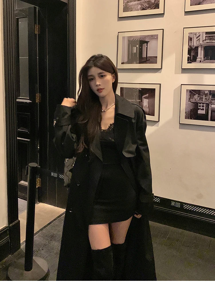 Lautaro Spring Autumn Long Black Hard Waterproof Trench Coat for Women Belt Double Breasted High Quality Luxury Overcoat 2024