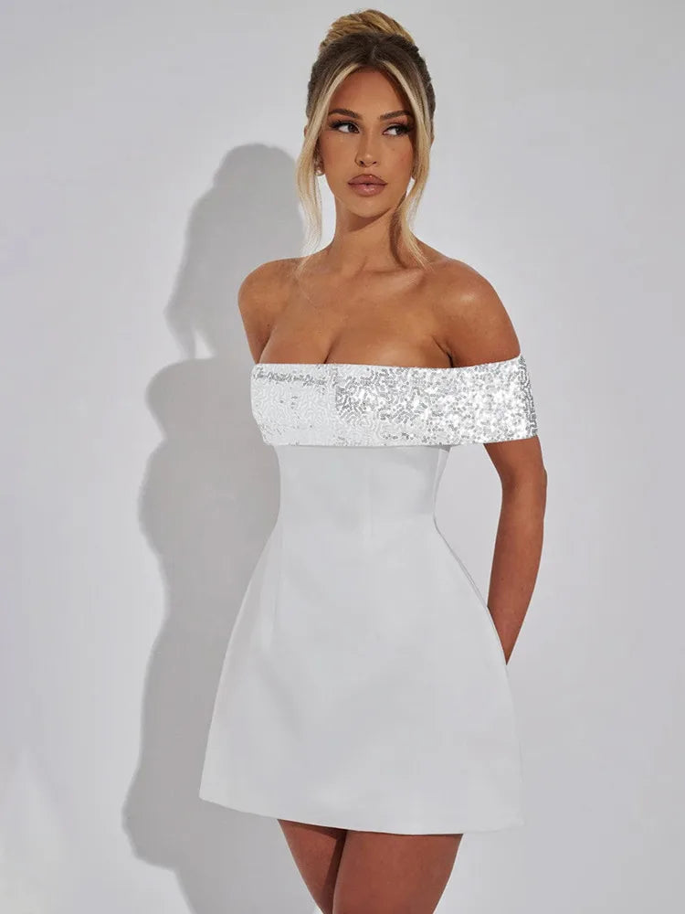 Mozision Off-shoulder Sequins Strapless Sexy Mini Dress Women Fashion Sleeveless Backless Sparkle High Waist Club Sexy Dress