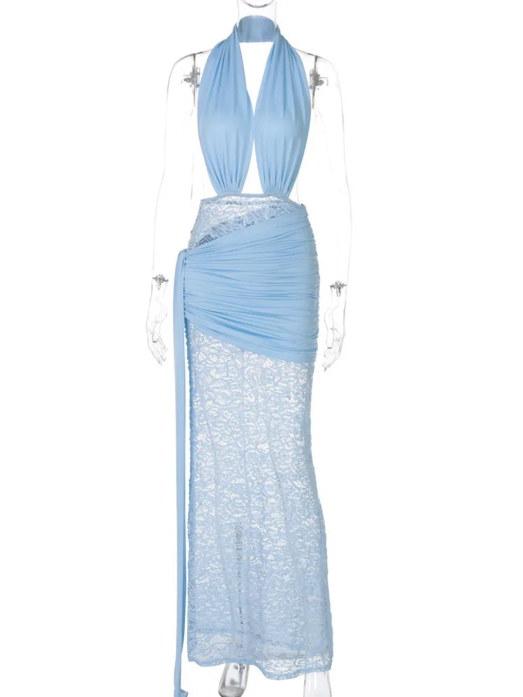 Mozision Halter Deep V Neck Sexy Maxi Dress For Women Elegant Fashion Lace Sleeveless Backless Ruched Bodycon Club Long Dress