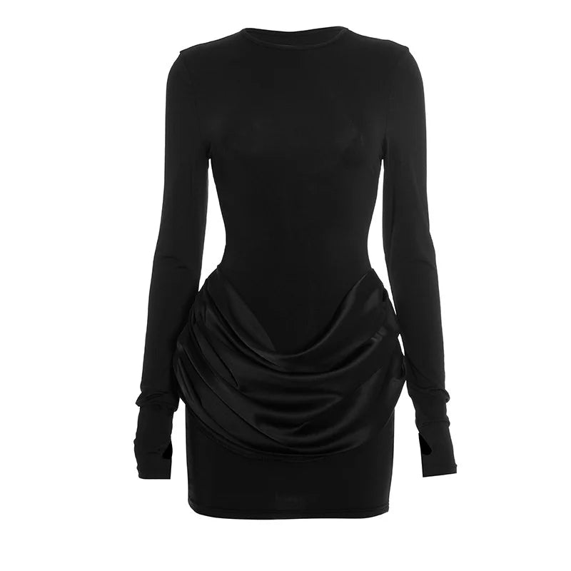 Mozision Long Sleeve Ruched Sexy Mini Dress Women Gown Elegant Satin Patchwork O Neck High Waist Club Party Dresses Fashion