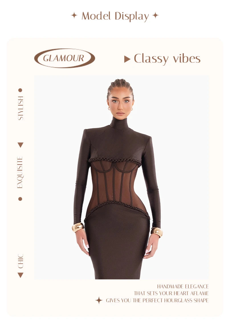 Luxury Sheer Corset Brown Long Dresses for Women – Long Sleeve High Neck See Through Bodycon Maxi Dress with Mesh Waist Detail
