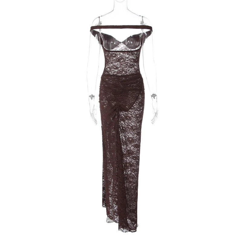 Mozision Lace See Through Sexy Two Piece Set Women Elegant Off-shoulder Backless Bodysuit And Maxi Skirt Matching Club Dress Set