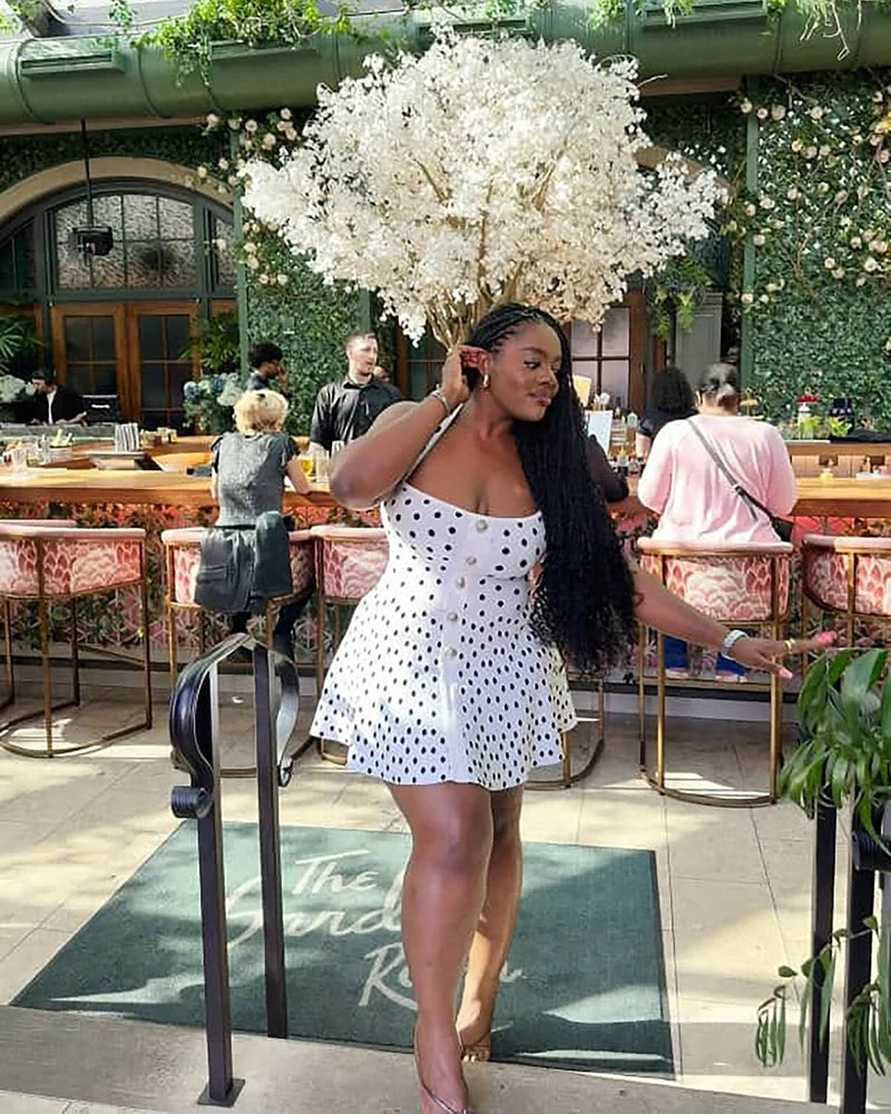 Mozision Halter Backless Polka Dot Dress For Women Fashion Square Collar Sleeveless High Waist A-line Knit Mini Dress Elegant