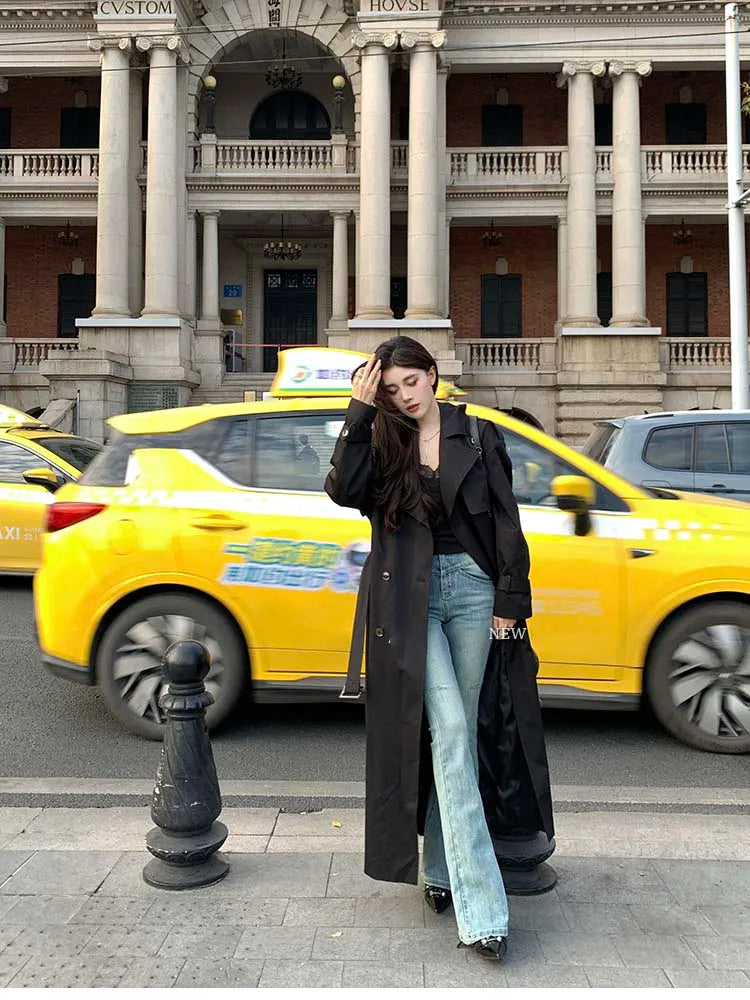 Lautaro Spring Autumn Long Black Hard Waterproof Trench Coat for Women Belt Double Breasted High Quality Luxury Overcoat 2024