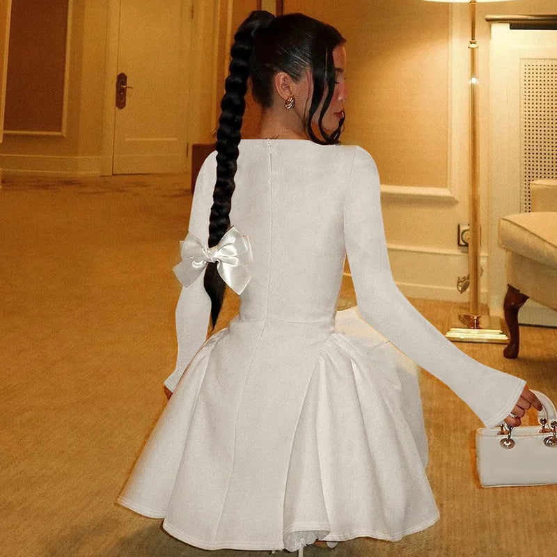 NIDANSSI Red Long Sleeve Evening Party Dress Women 2024 Pleated Robes Elegant Sexy Dress Bodycon Mini Winter Dress Vestidos