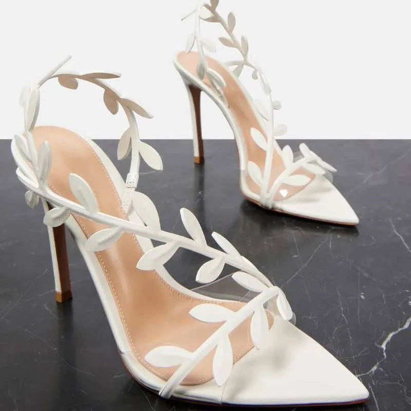 2025 Women's Summer New Style Lacquer Leather Leaf Fairy Style Strap Stiletto High Heels Pointed Open Toe Fashion Sandals