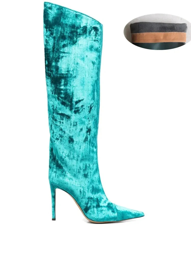 2022 Women's New Stone Print Boots Sexy Runway Stiletto Pointed Toe Women's High Boots 10cm High Heel Side Zip Women's Boots