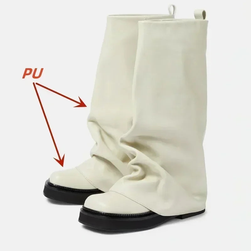 New Large Walled Flat Bottomed Round Toe Sleeve Knee High Pleated Women's Boots Retro Knight Boots Shoes for Women