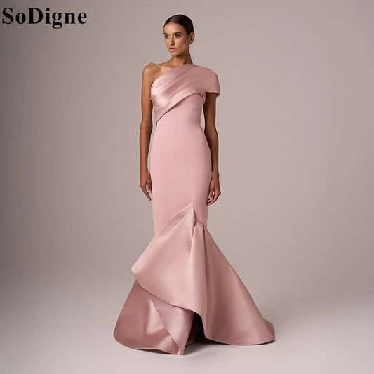 SoDigne Elegant Pink Satin Evening Dresses Mermaid One Shoulder Backless Draped Party Dress 2025 Charming Prom Gowns Customized Wofashion.xyz