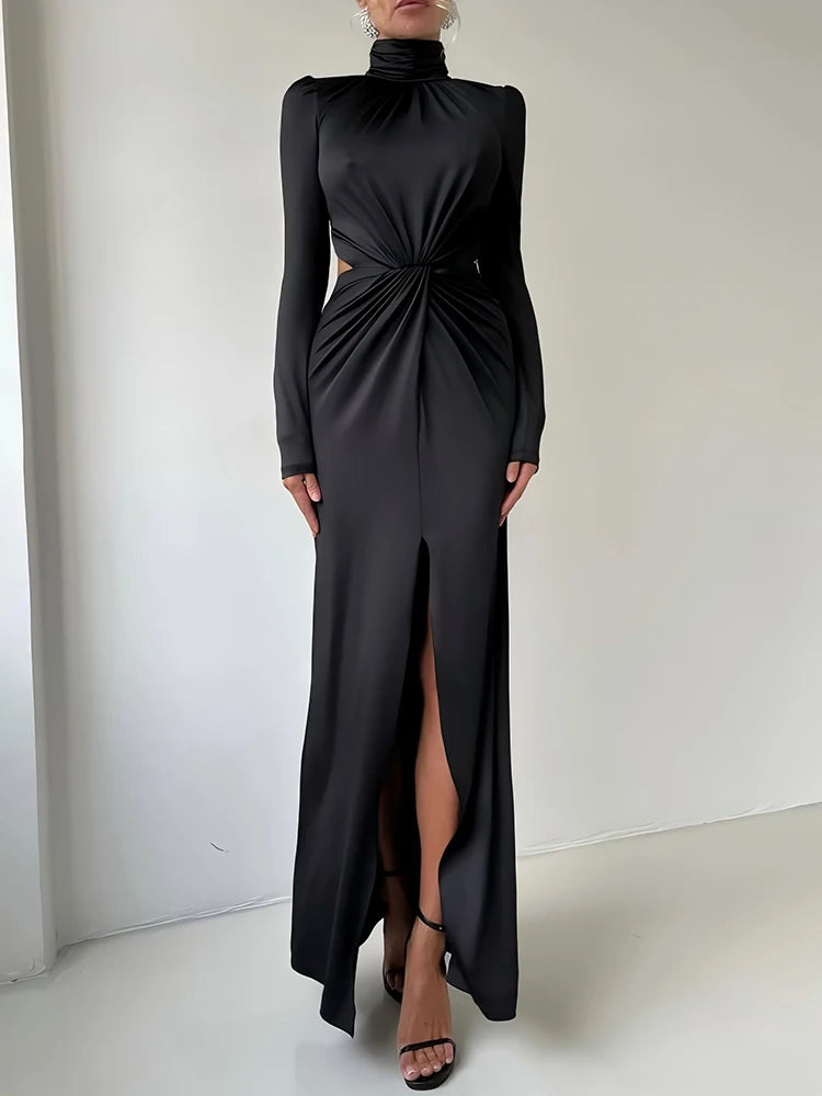 Mozision Turtleneck Backless Sexy Maxi Dress Women Gown Autumn Winter Elegant Long Sleeve Thigh High Split Club Party Long Dress