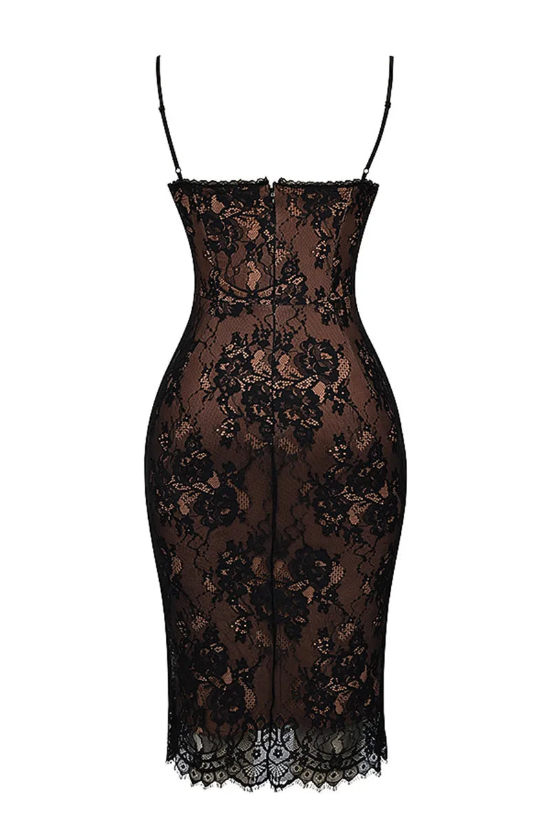 Mozision Lace Print Spaghetti Strap Sexy Midi Dress For Women Black Sleeveless Backless Bodycon Club Party Printed Long Dress