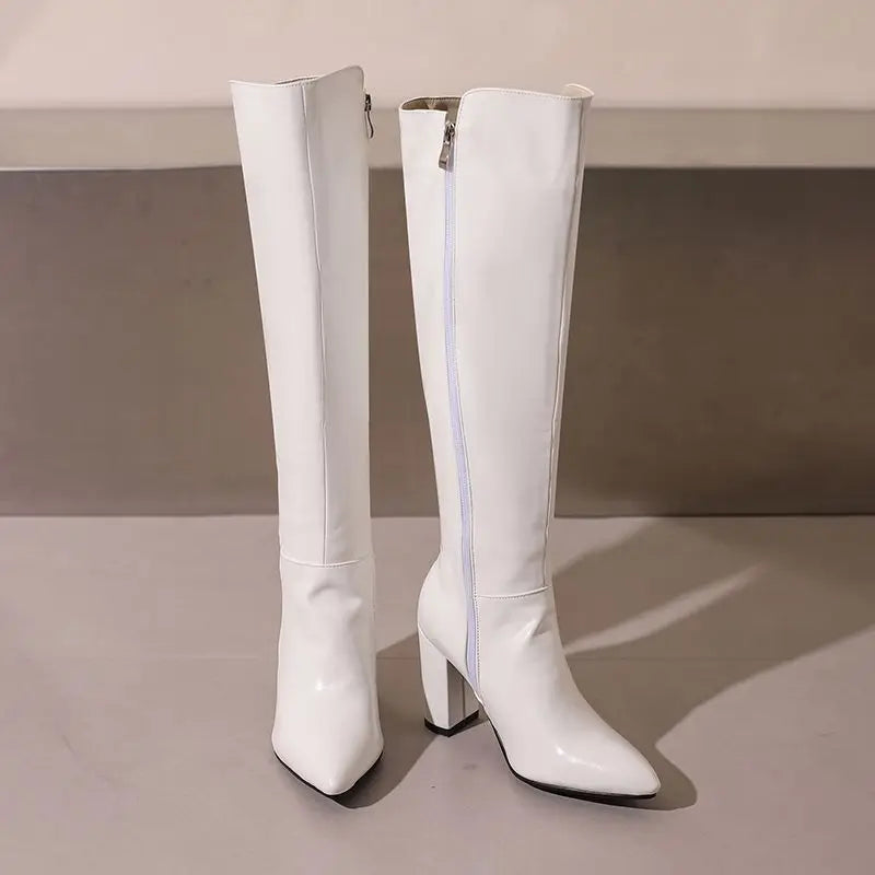 REAVE CAT Sexy Female Knee High Boots Pointed Toe Chunky Heels 8.5cm Big Size 46 47 48 Fashion Party Women Booties