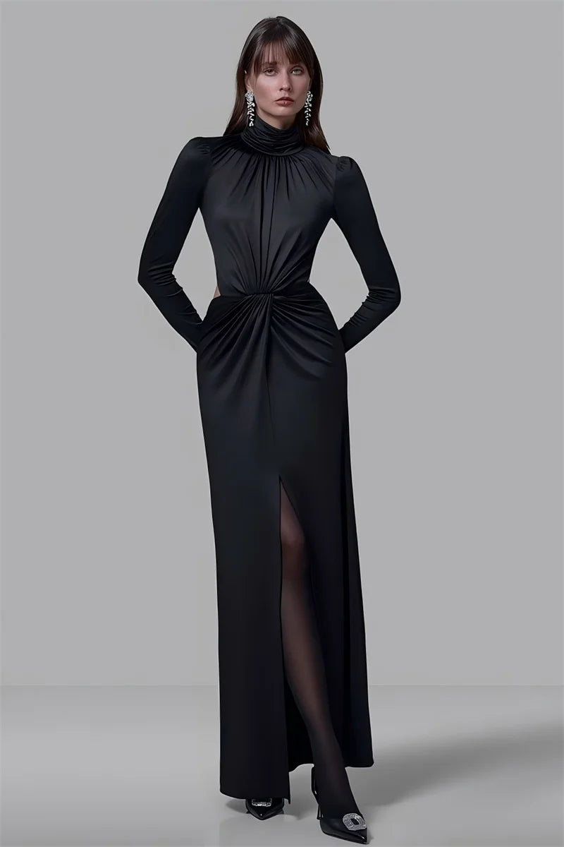 Mozision Turtleneck Backless Sexy Maxi Dress Women Gown Autumn Winter Elegant Long Sleeve Thigh High Split Club Party Long Dress