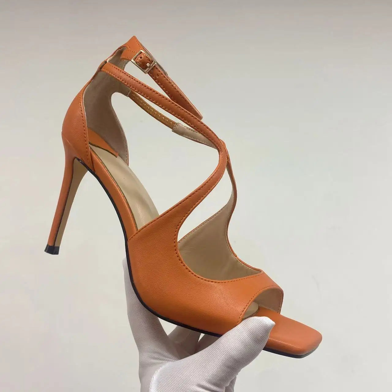 2025 Women's Spring/Summer New Style Glitter Material Fairy Style Cross Buckle with Stiletto High Heels and Open Toed Sandals