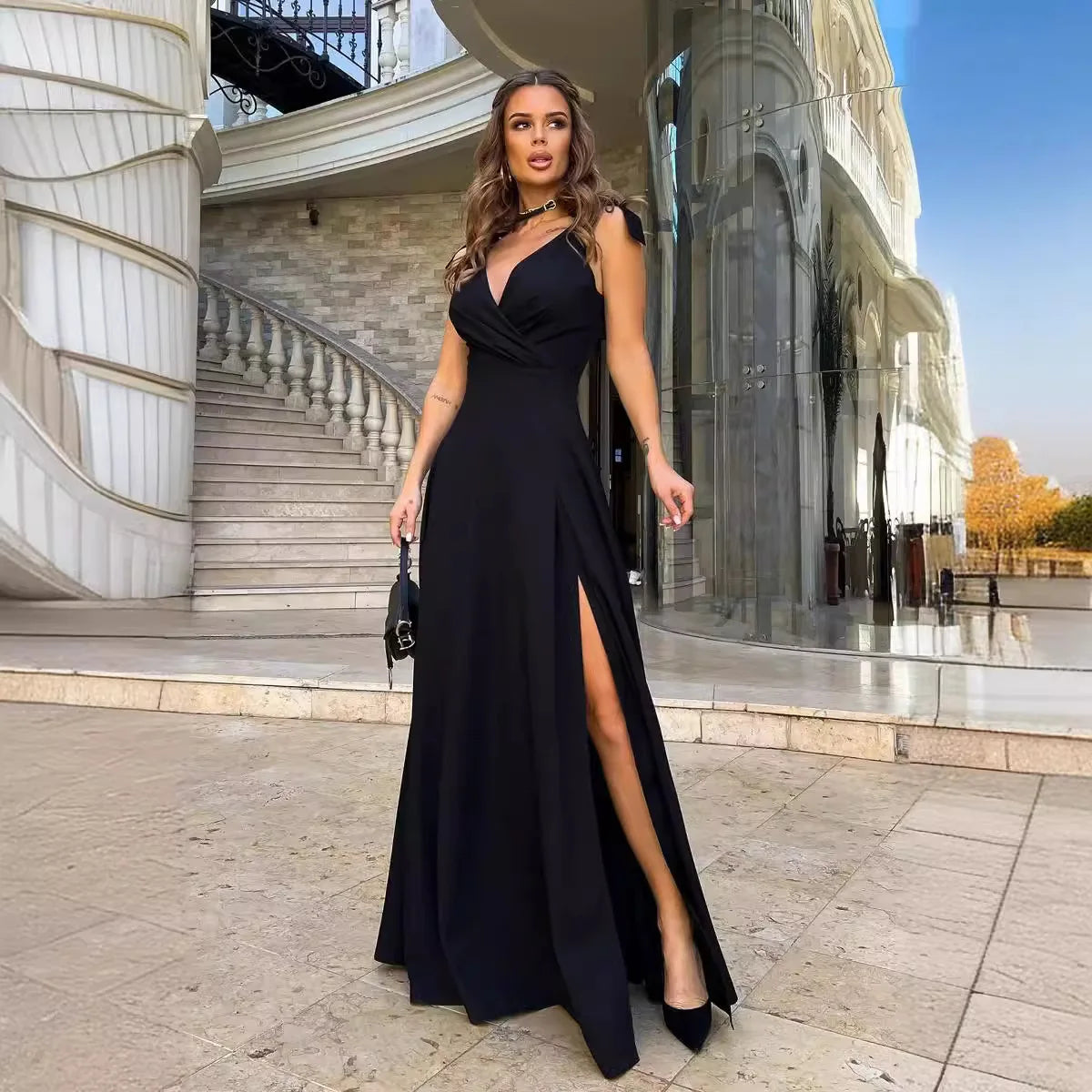 Elegant Summer Maxi Dress for Women High Waist V-Neck Bowknot Strap Side Split Long Evening Party Gown Female Cross Design Wofashion.xyz