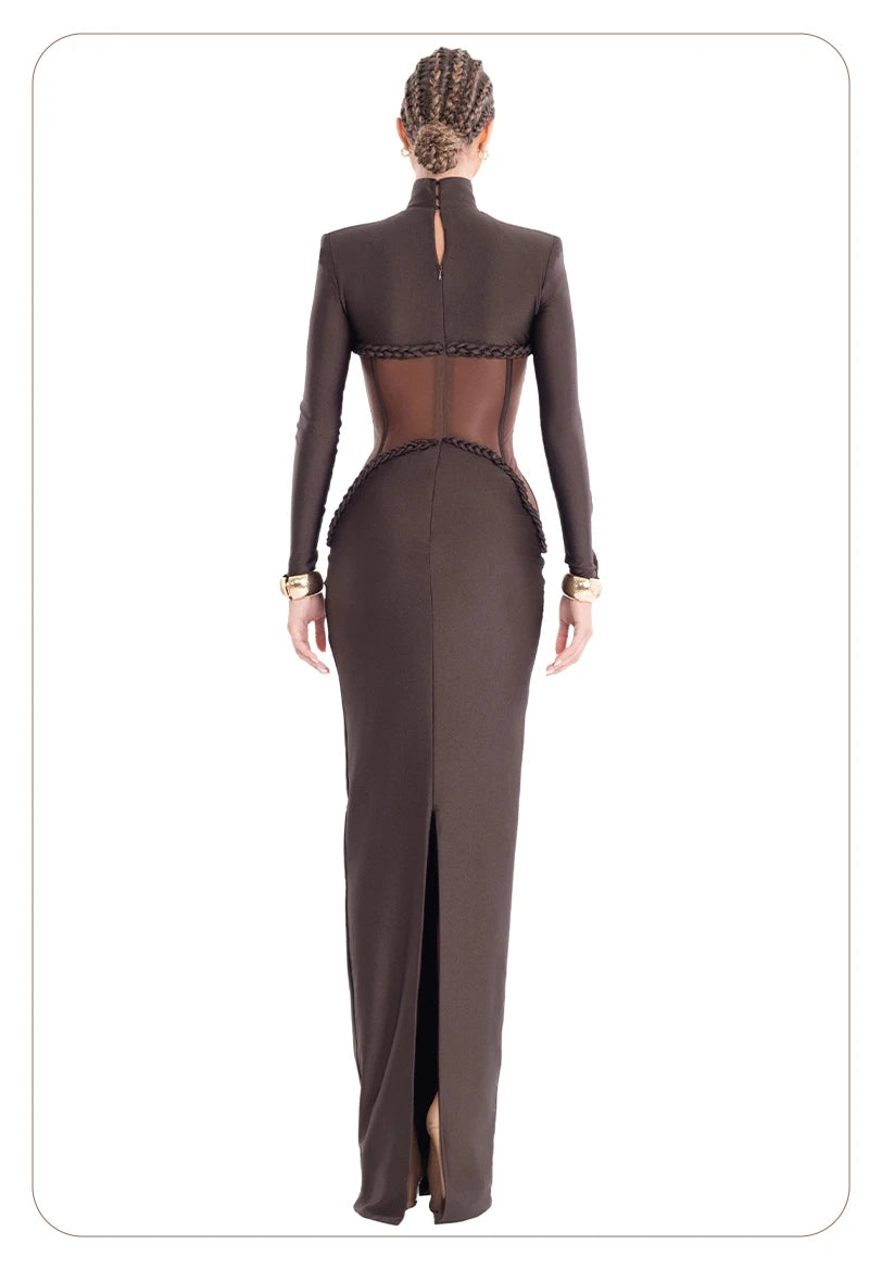 Luxury Sheer Corset Brown Long Dresses for Women – Long Sleeve High Neck See Through Bodycon Maxi Dress with Mesh Waist Detail