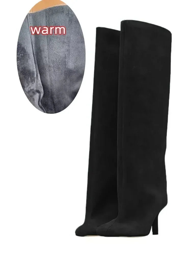 2024 European and American Fashion Stiletto Heels Wide Leg Knee Sleeve Boots Women's Square Head Suede Warm Boots