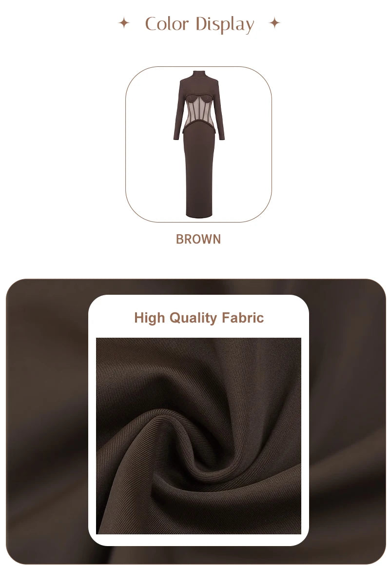 Luxury Sheer Corset Brown Long Dresses for Women – Long Sleeve High Neck See Through Bodycon Maxi Dress with Mesh Waist Detail