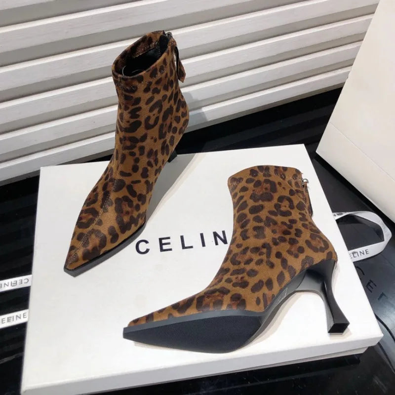 Autumn Women's High Heel Leopard Print Ankle Boots New Winter Pointed Head Thin Heel Chelsea Boots for Shoes Dress D503 Wofashion.xyz
