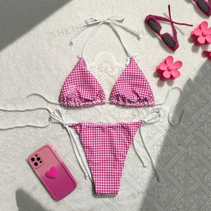 Red Plaid String Halter thong Micro Bikini for Women Mini Swimwear Lace-up Sexy Swimsuit Bathing Suit Triangle Bikinis Sets 2025