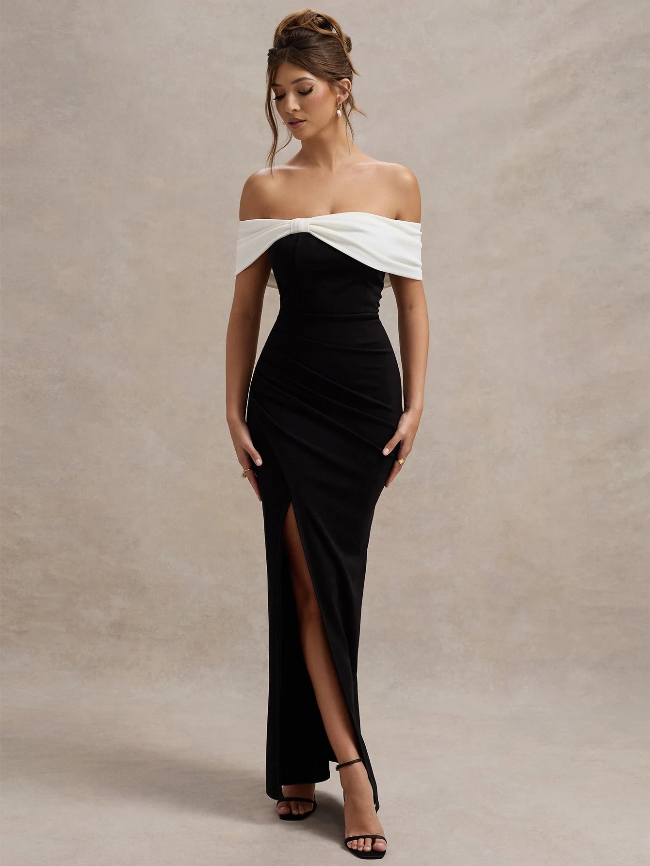 Women's Summer Sexy Off Shoulder Bow Slit Maxi Long Dress For Wedding Black and White Evening Dress Elegant Cocktail Party Dress