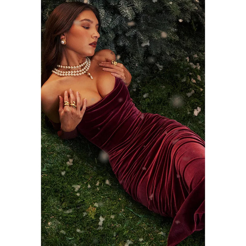 Christmas Velvet Backless Elegant Evening Club Party Dress Women Pleated Robes Sexy Dress Midi Bodycon Winter Dress Vestidos