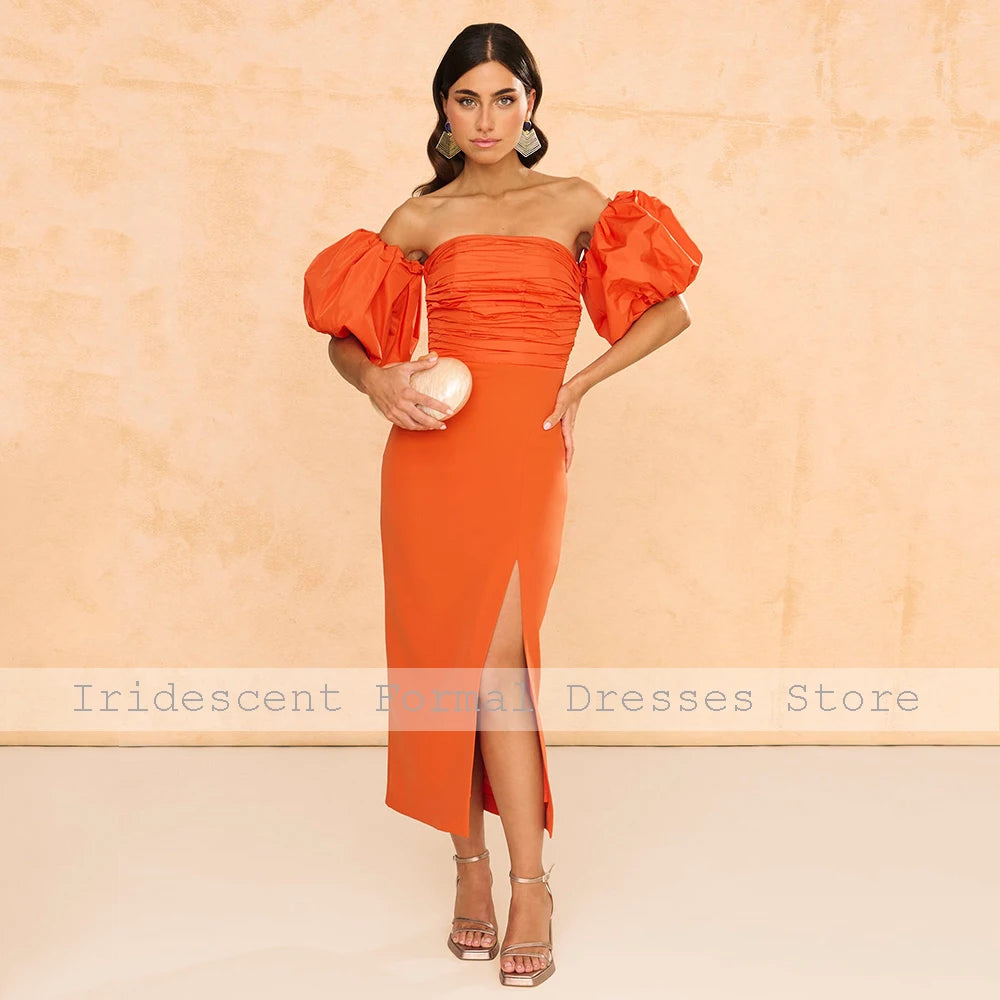 Elegant Party Dresses for Women Red Pleat Sheath Off-the-shoulder Midi Party Gowns Column Mid Calf Bespoke Occasion Gowns 2025
