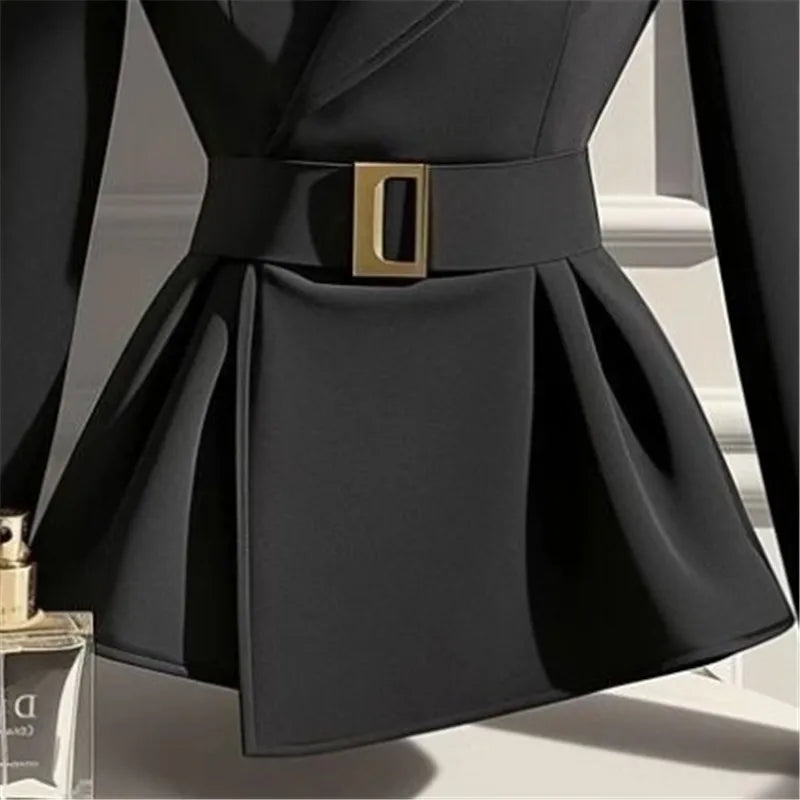 High-end Black Suit Jacket Women Elegant Slim Waist Belt Coat 2025 Autumn Winter New Irregular Hem Office Lady Outwear