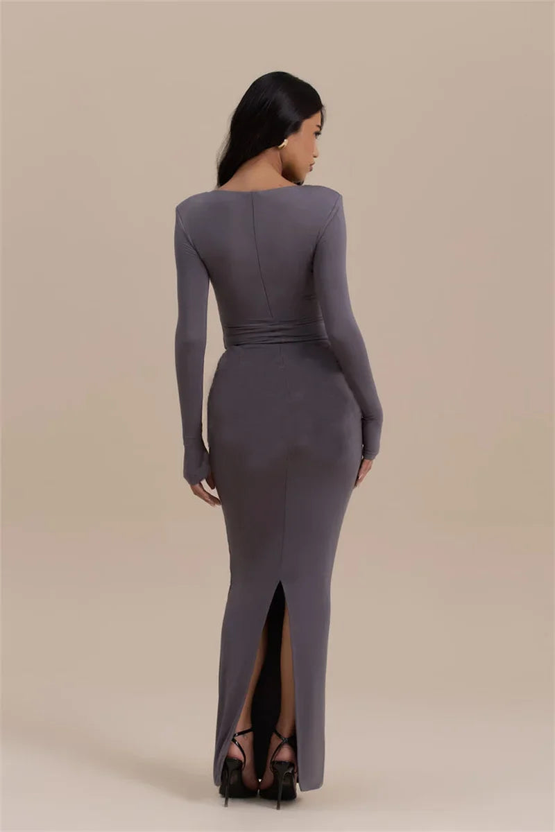 Long Sleeve Ruched Sexy Maxi Dress For Women Gown Autumn Winter New O Neck High Waist Bodycon Club Party Long Dresses