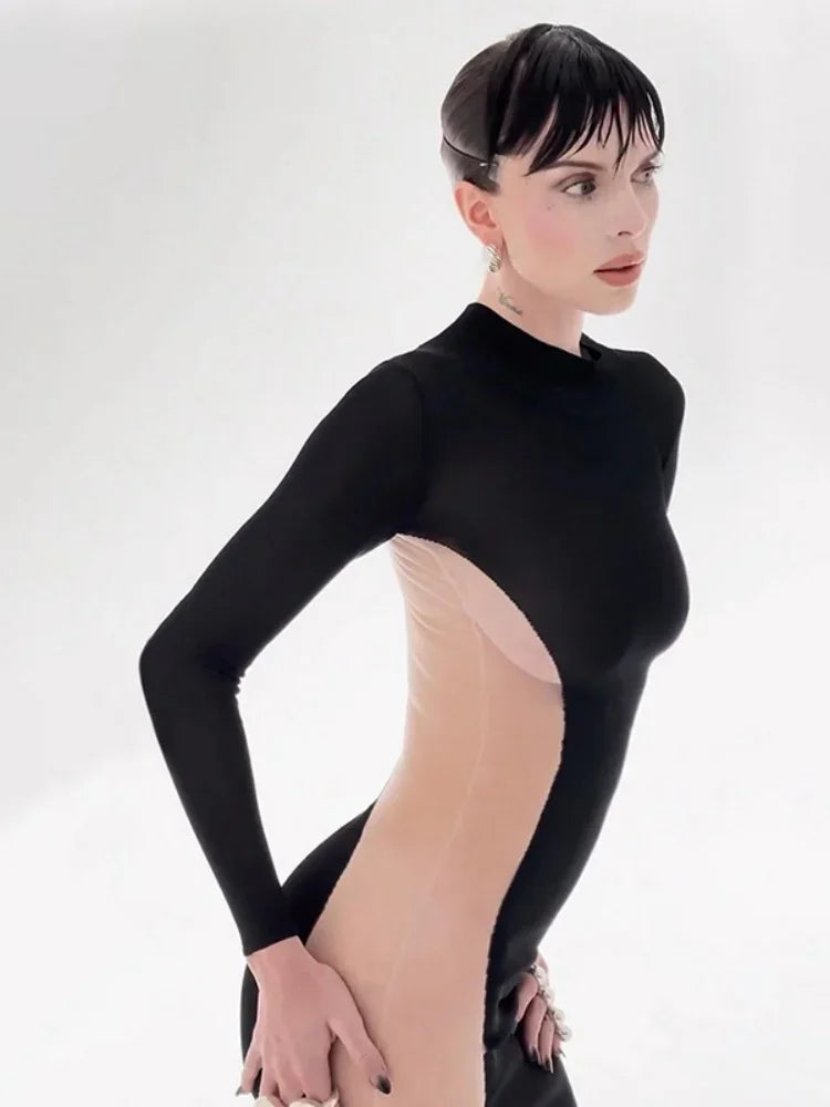 Black Maxi Dresses For Women Side See Through Vestidos Elegantes Para Mujer Slim One-Pieces Sexi Night Dress Hot Club Outfit