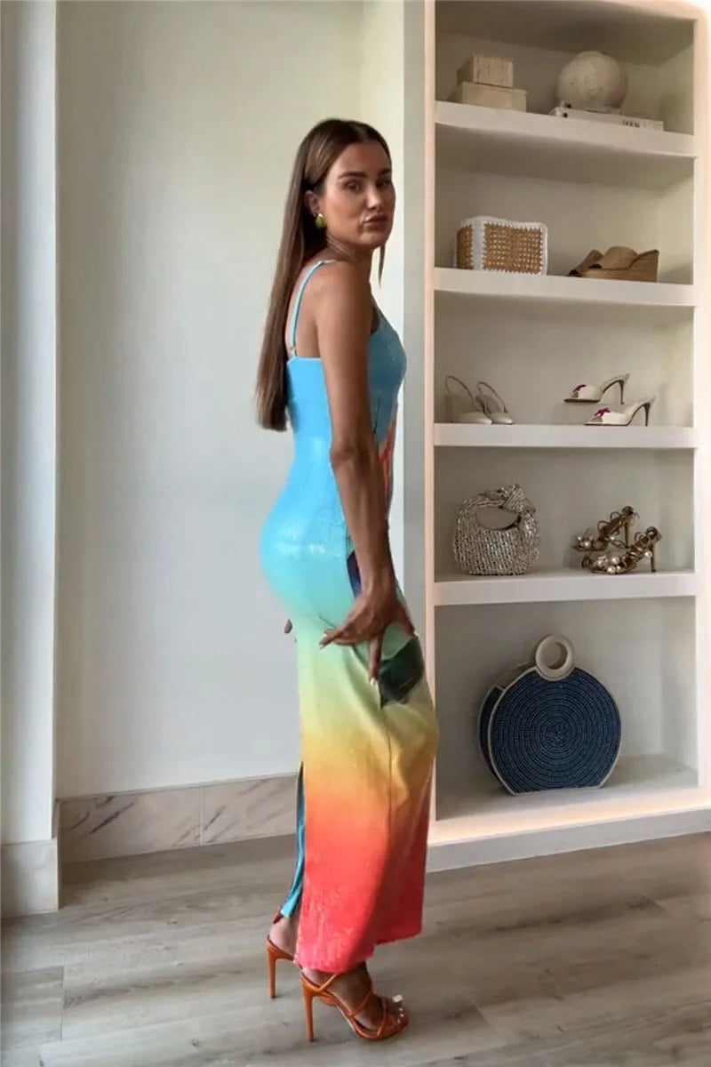 Mozision Floral Print Sexy Maxi Dress For Women Spaghetti Strap Sleeveless Backless Bodycon Slipdress Sequins Club Party Dress