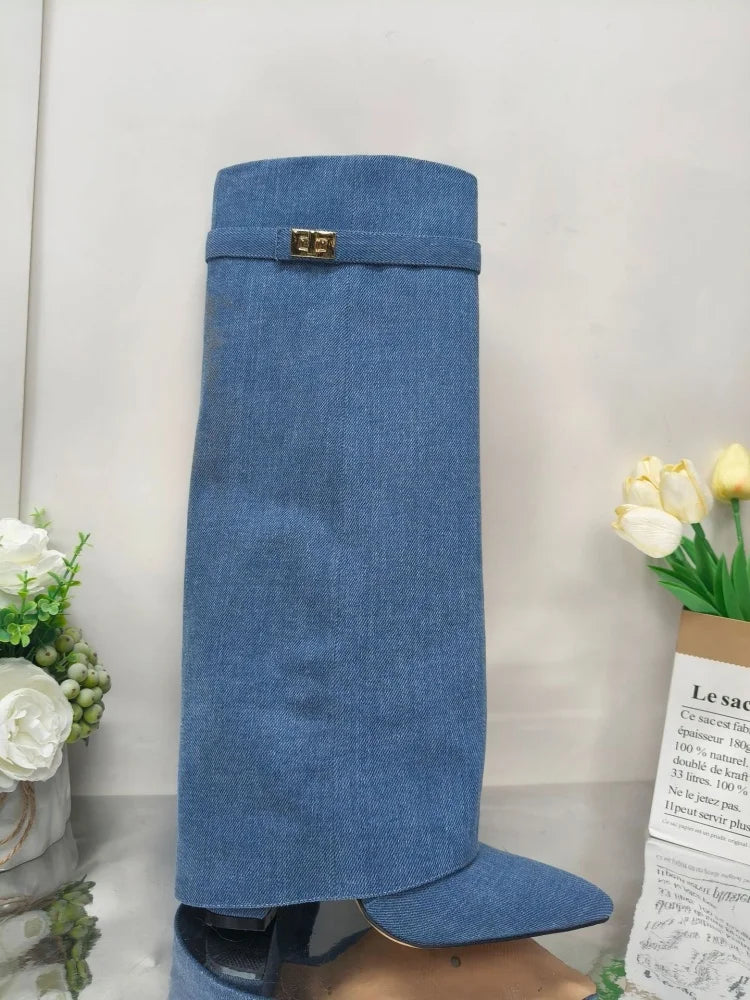 European and American Autumn and Winter New Pointed Straight Leg Skirt Boots for Women, Large Size Thick High Heels Pants Boots