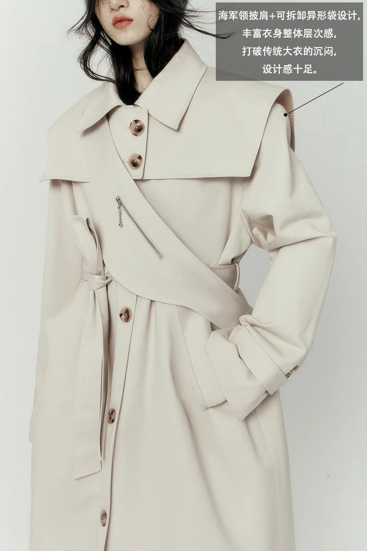 Lautaro Autumn Cool Long Trench Coat for Women Removable Sailor Collar and Pockets Belt Runway Fashion Luxury Designer Clothes