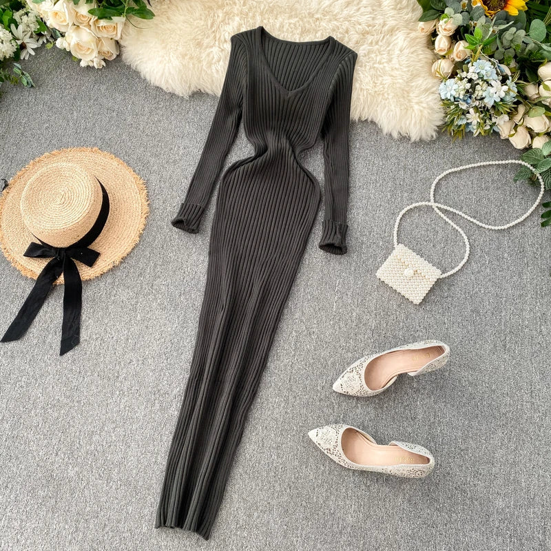 Women's Knitted Midi Dr Pure Color Long Sve Slim Fit High Waist V-Ne Korean Sle Faionable Autumn Winter Dr