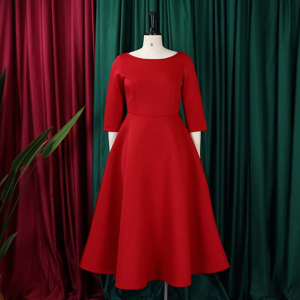 Elegant Party Dress for Woman 2024 Modern O Neck Three Quarter Sleeve High Waisted A Line Mid Calf Birthday Dinner Wedding Cloth