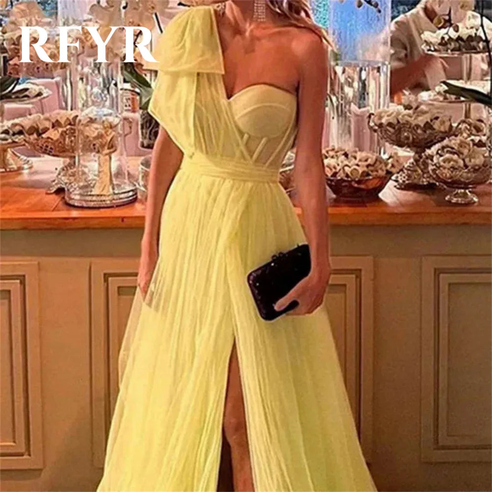 RFYR Yellow One-Shoulder Prom Dress Sweetheart Long Pleat Boned Evening Dress High Split Elegant Formal Party Gown Customized