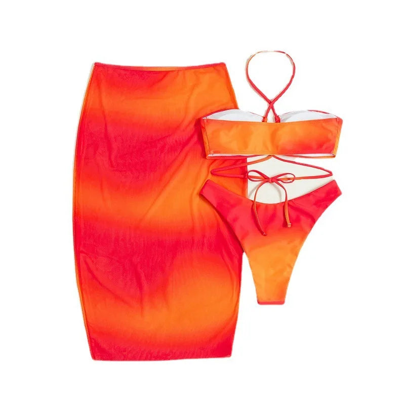 Orange Tie Dye Print Swimwear with Skirts 3 Piece Bikini Set Sexy Swimsuit Women Beach Swimming Wear String Halter Bikinis Thong